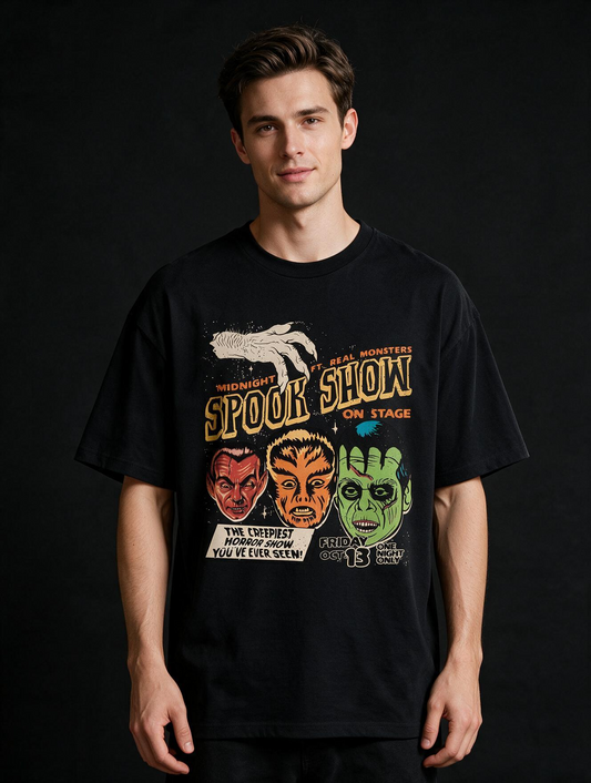 Midnight Spook Show Printed Pure Cotton Oversized Black T-shirt
