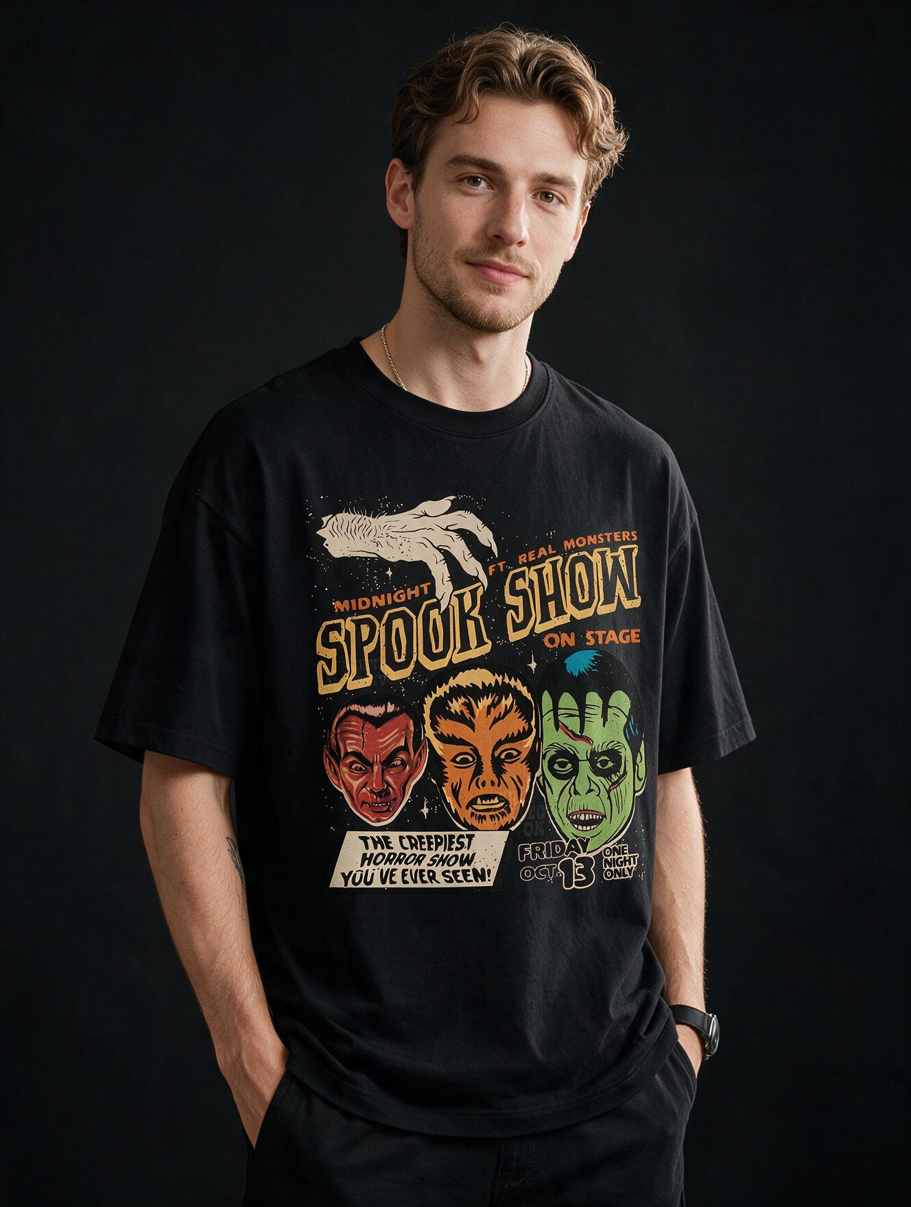 Midnight Spook Show Printed Pure Cotton Oversized Black T-shirt