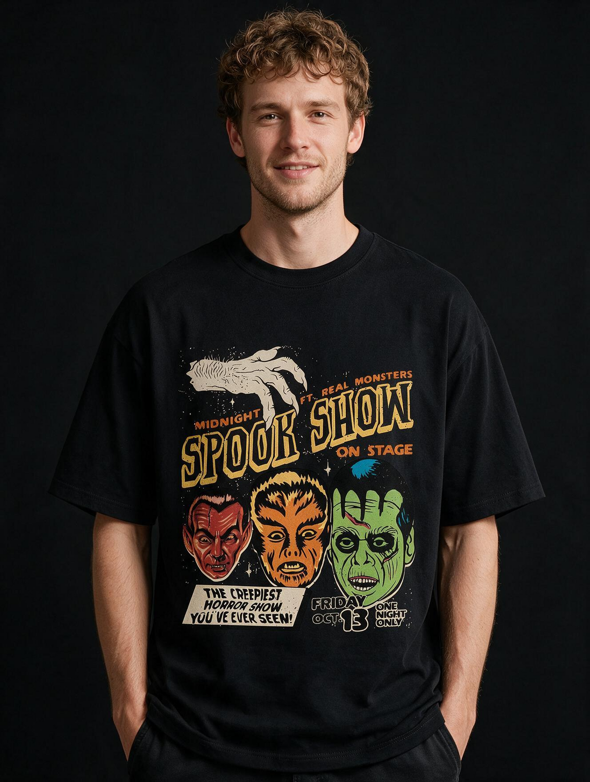 Midnight Spook Show Printed Pure Cotton Oversized Black T-shirt