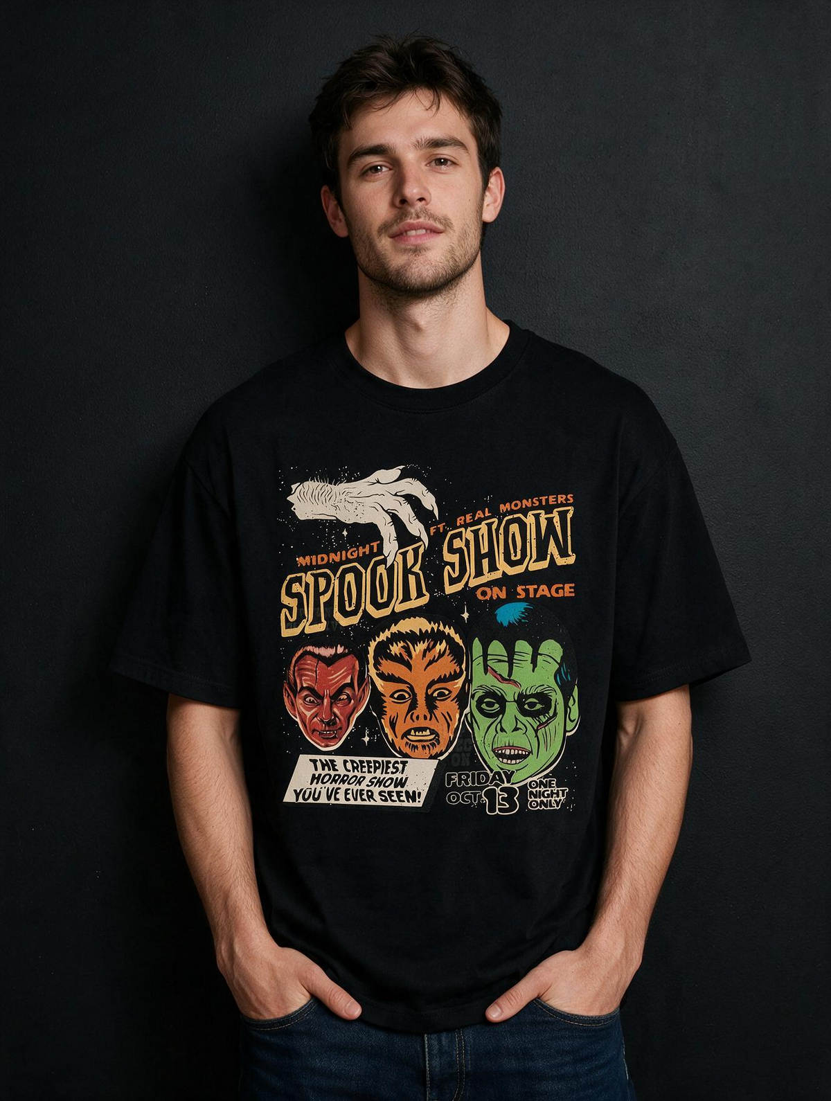Midnight Spook Show Printed Pure Cotton Oversized Black T-shirt