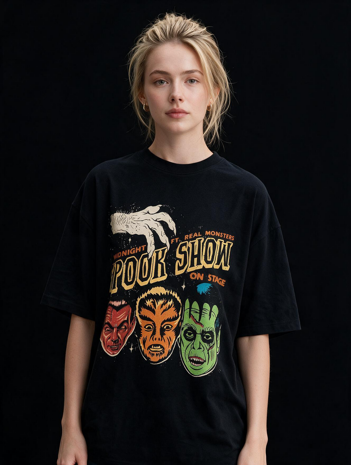 Midnight Spook Show Printed Pure Cotton Oversized Black T-shirt