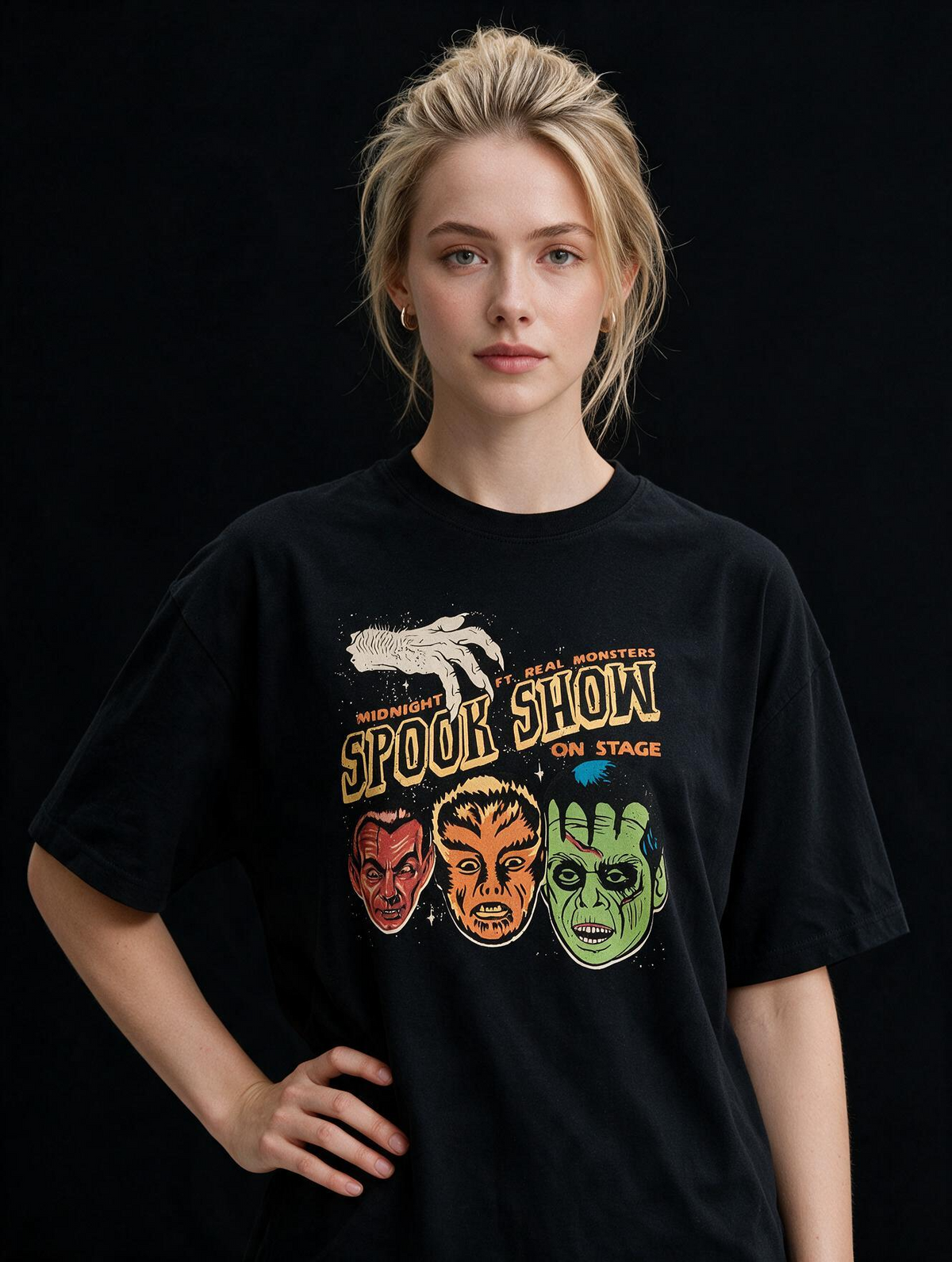 Midnight Spook Show Printed Pure Cotton Oversized Black T-shirt