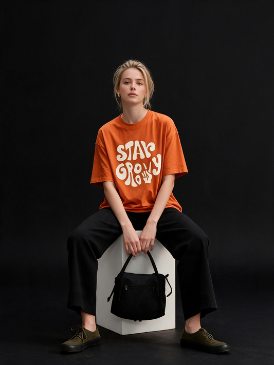 Stay Groovy Printed Pure Cotton Oversized Orange T-shirt