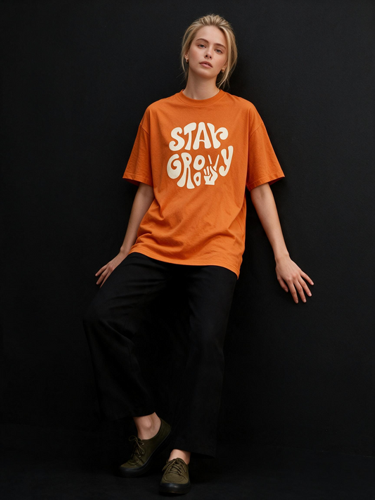 Stay Groovy Printed Pure Cotton Oversized Orange T-shirt