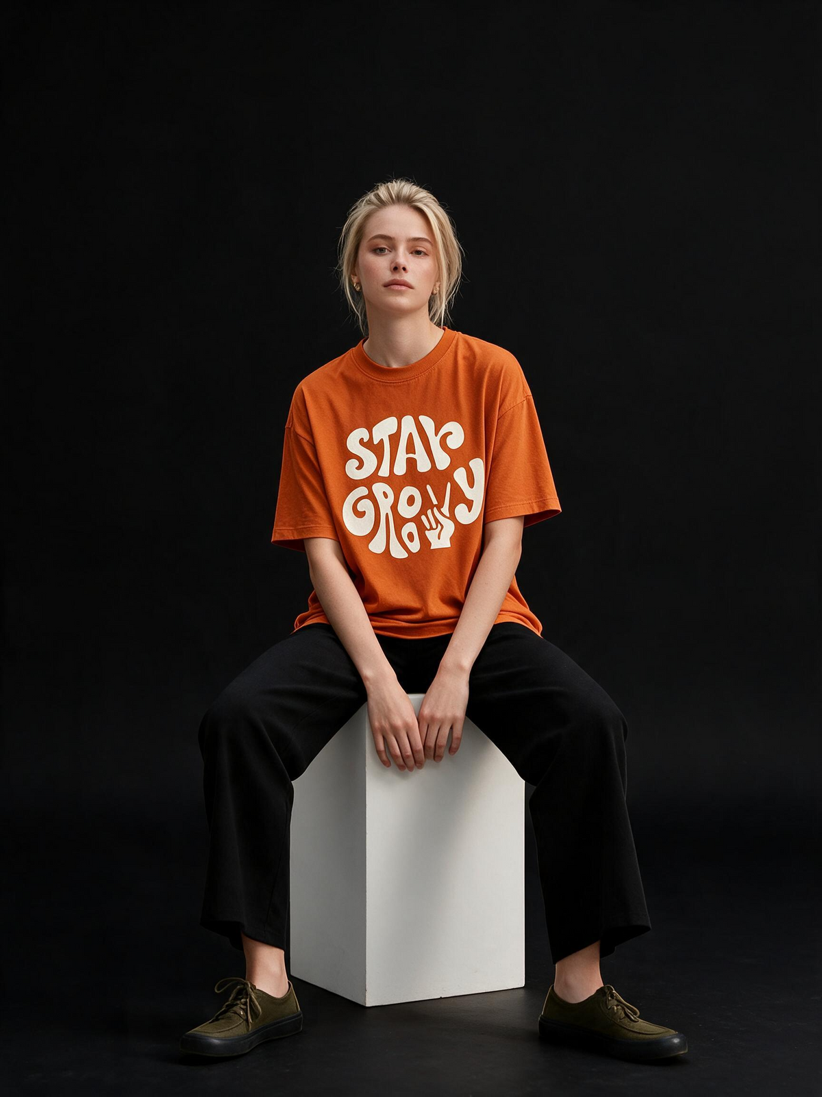 Stay Groovy Printed Pure Cotton Oversized Orange T-shirt