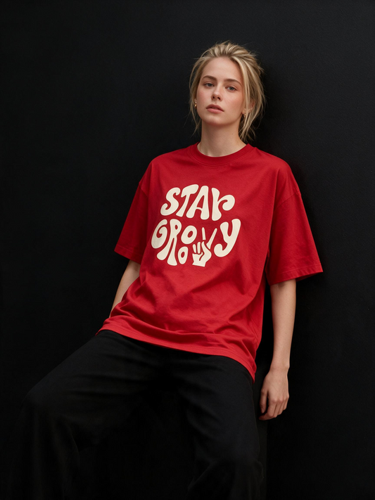 Stay Groovy Printed Pure Cotton Oversized Red T-shirt