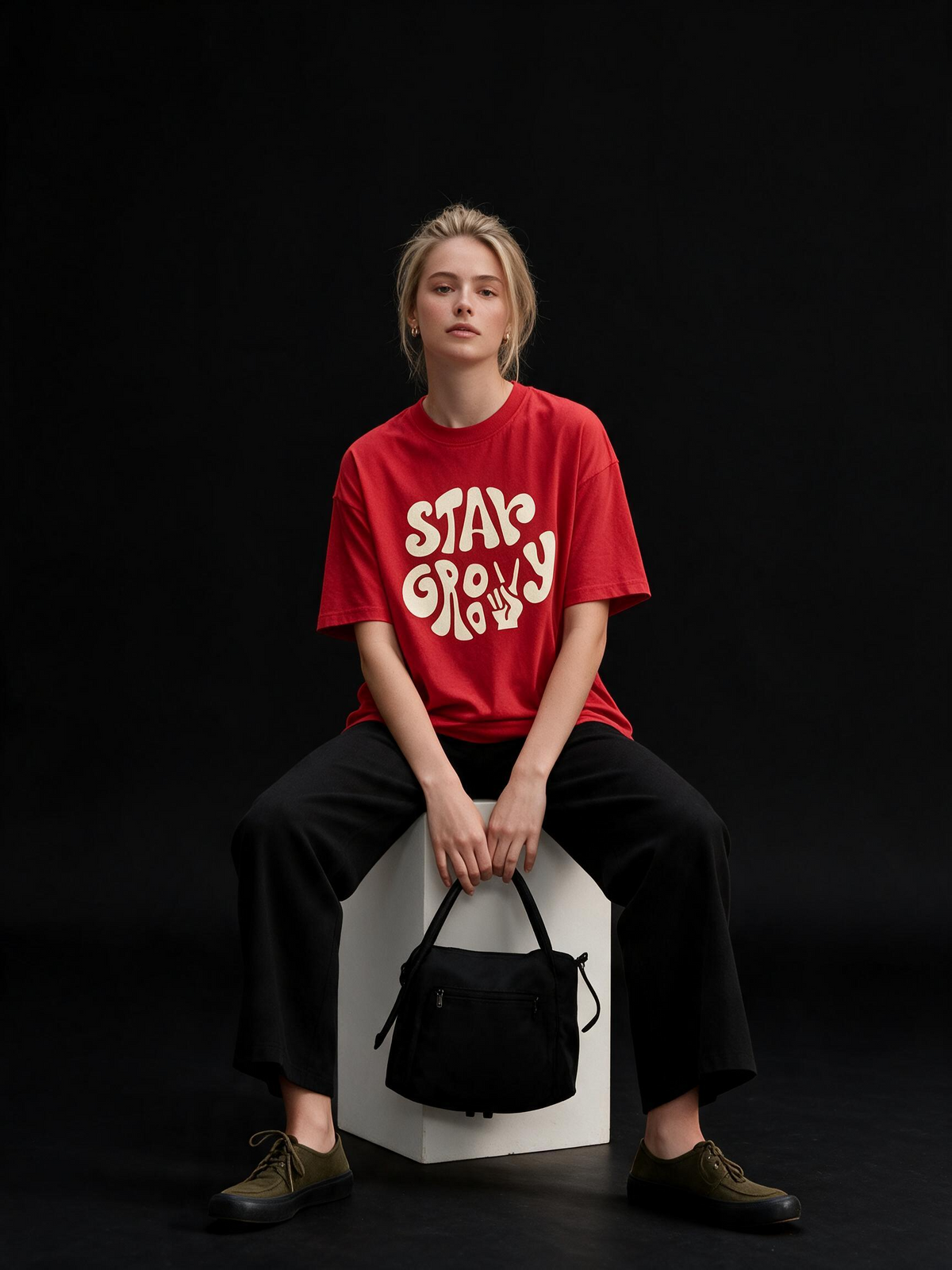 Stay Groovy Printed Pure Cotton Oversized Red T-shirt