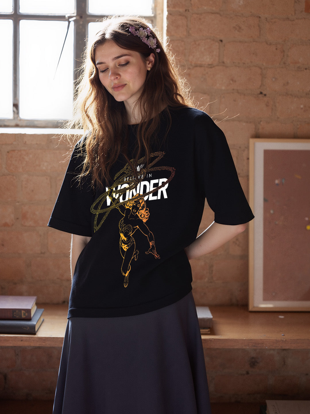 Believe In Wonder Printed Pure Cotton Oversized Black T-shirt