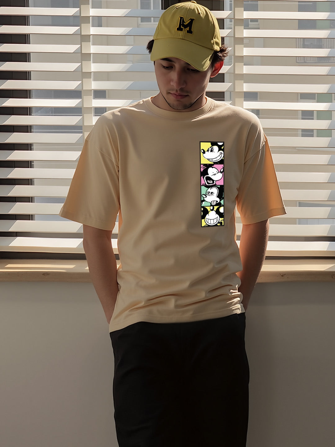 Mickey Faces Printed Pure Cotton Oversized Beige T-shirt