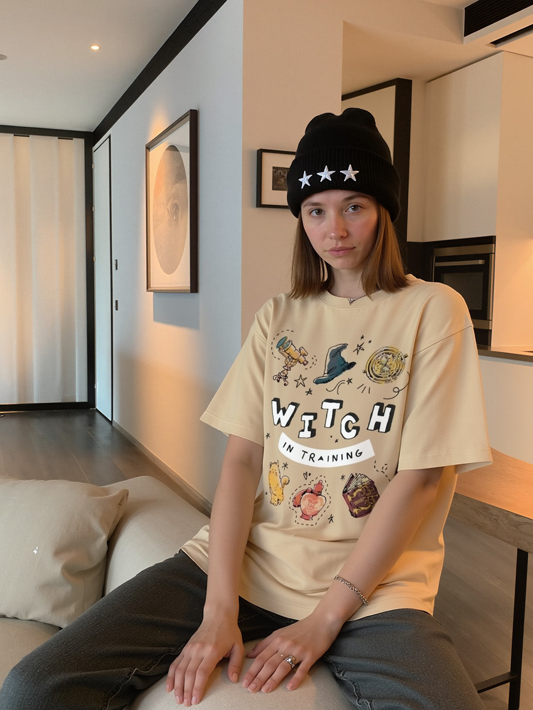 Witch Training Printed Pure Cotton Oversized Beige T-shirt