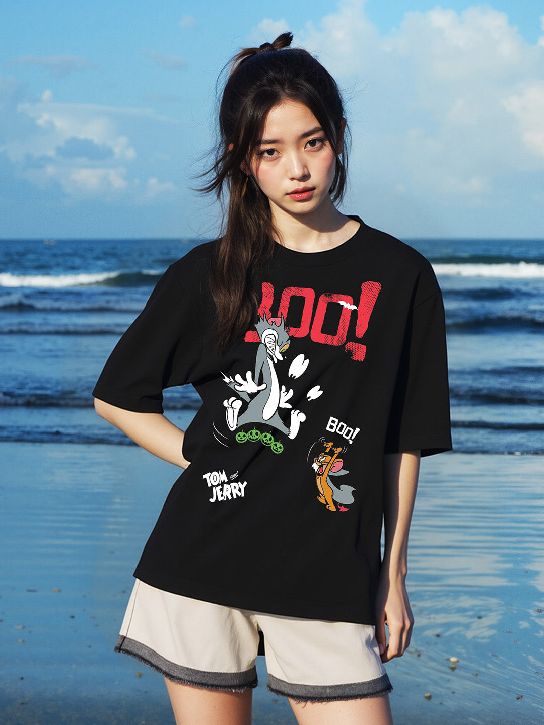 Boo Tom and Jerry Printed Pure Cotton Oversized Black T-shirt