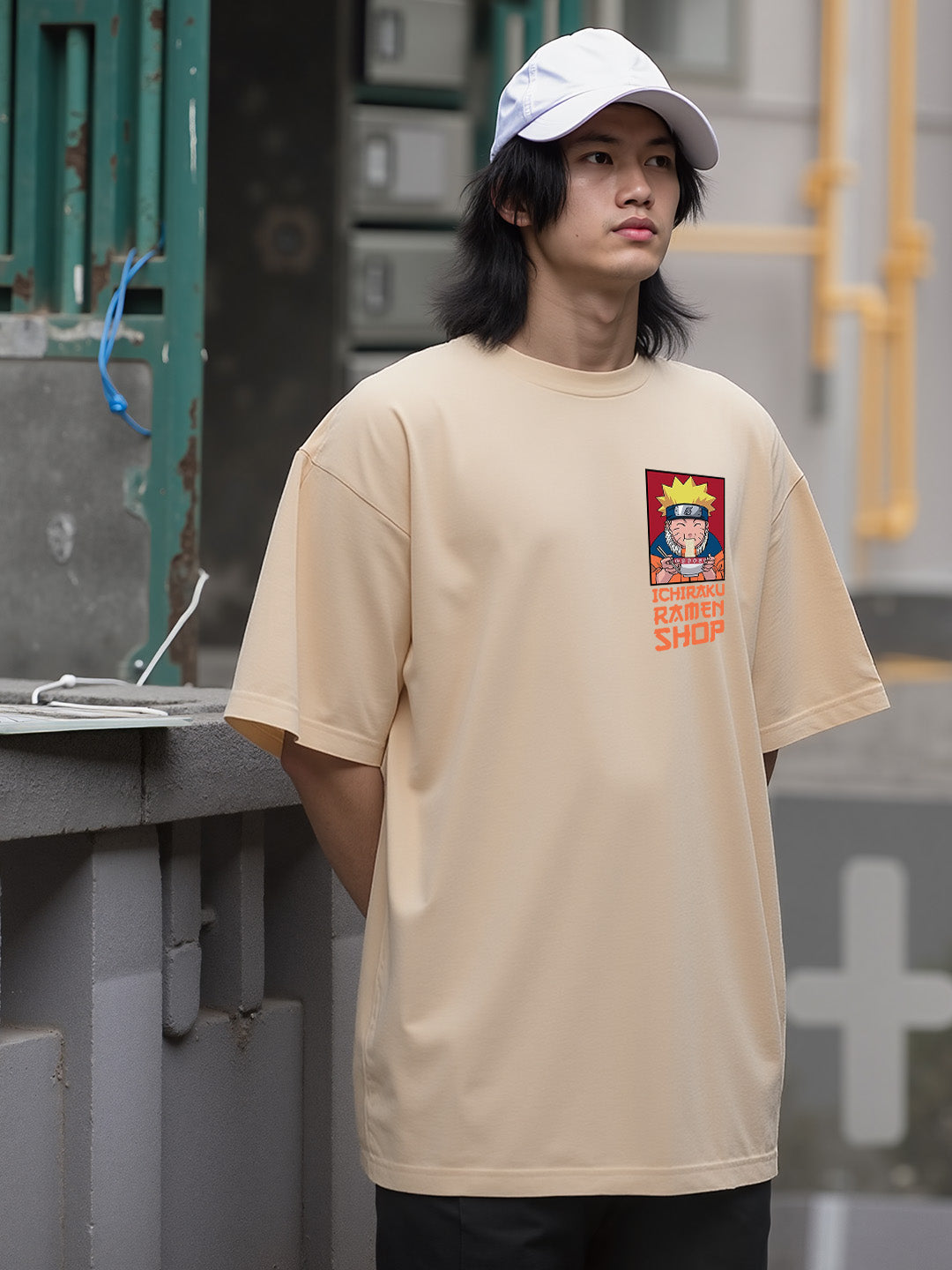 Anime Ramen Lover Graphic Printed Pure Cotton Oversized Beige T-shirt