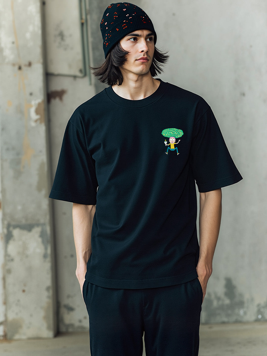 Rick and Morty - The Escape Printed Pure Cotton Oversized Black T-shirt