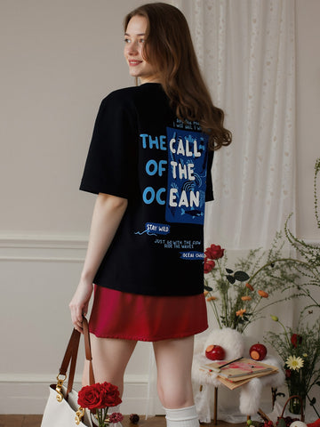 Ocean Child Printed Pure Cotton Oversized Black T-shirt