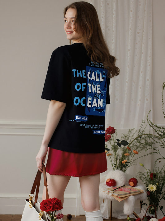 Ocean Child Printed Pure Cotton Oversized Black T-shirt