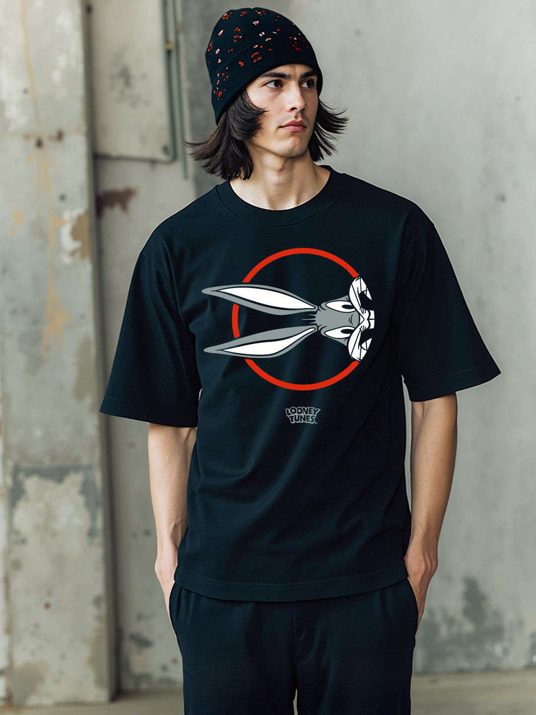 Bugs Bunny Printed Pure Cotton Oversized Black T-shirt