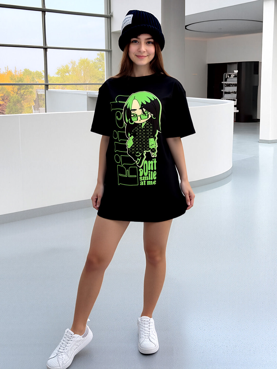 Don't Smile Billie Printed Pure Cotton Oversized Black T-shirt