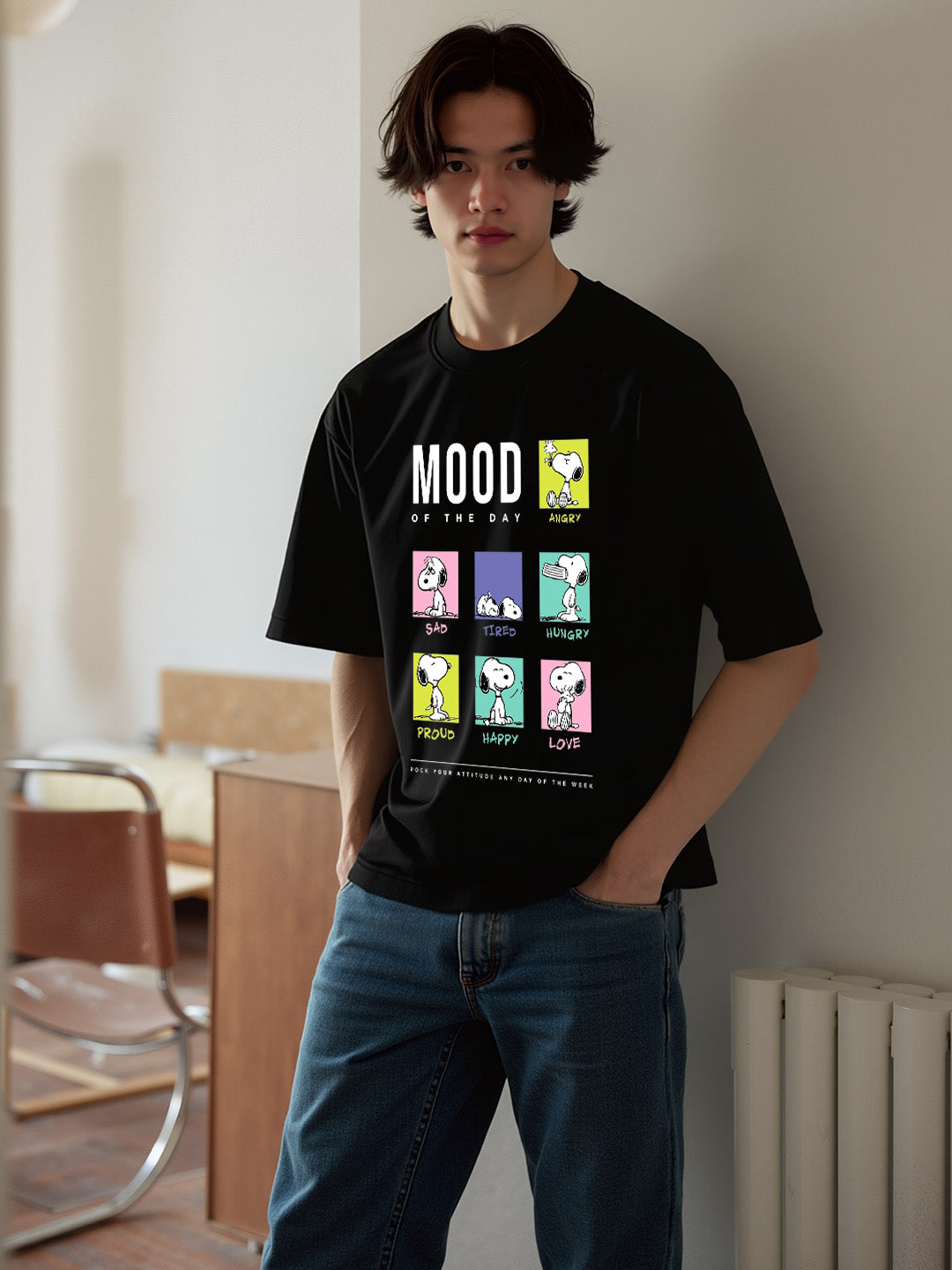 Snoopy Mood Printed Pure Cotton Oversized Black T-shirt