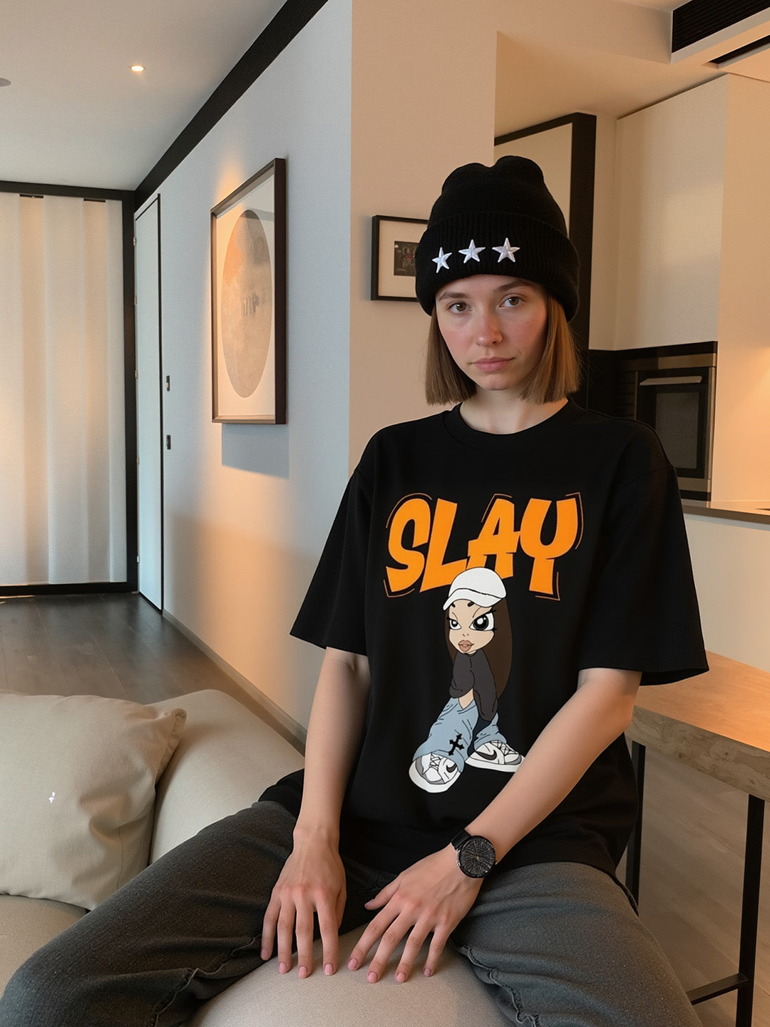 Slay Printed Pure Cotton Oversized Black T-shirt