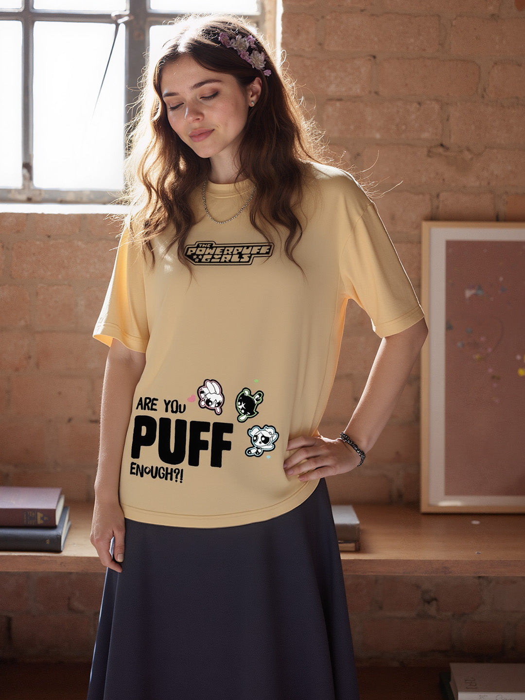 Powerpuff Girls Printed Pure Cotton Oversized Beige T-shirt
