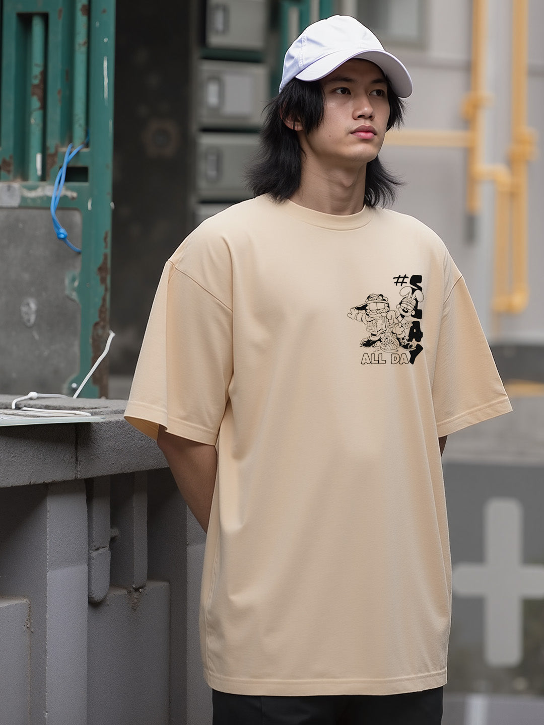 Garfield - Slay Together Printed Pure Cotton Oversized Beige T-shirt