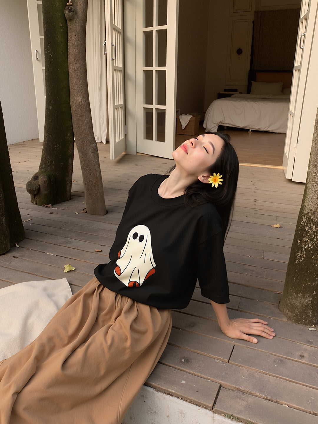 Boo Cute Ghost Printed Pure Cotton Oversized Black T-shirt