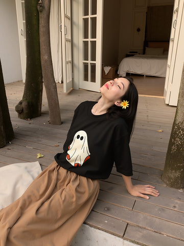 Boo Cute Ghost Printed Pure Cotton Oversized Black T-shirt