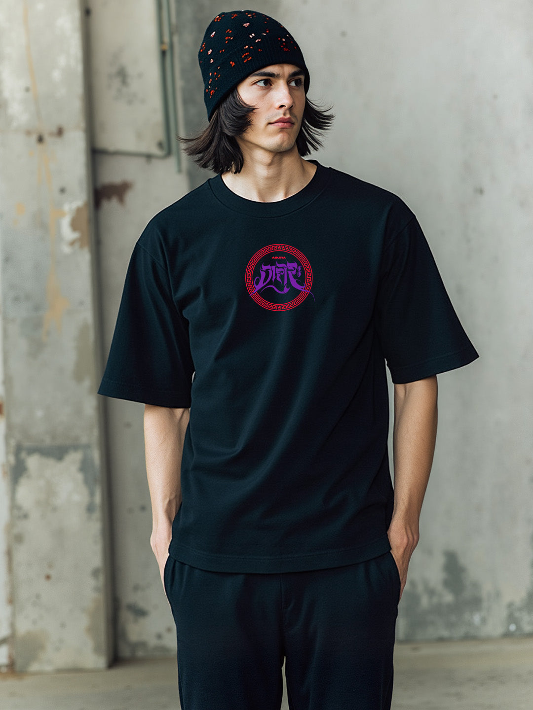 Asura Printed Pure Cotton Oversized Black T-shirt