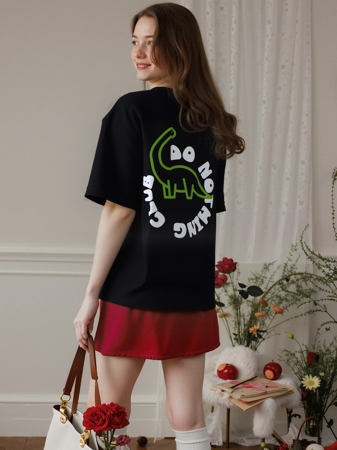 Do Nothing Club Printed Pure Cotton Oversized Black T-shirt