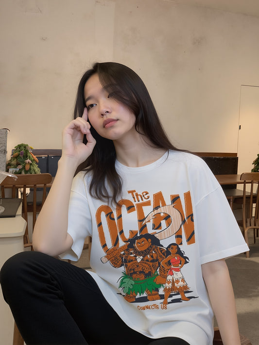 Moana The Ocean Printed Pure Cotton Oversized White T-shirt