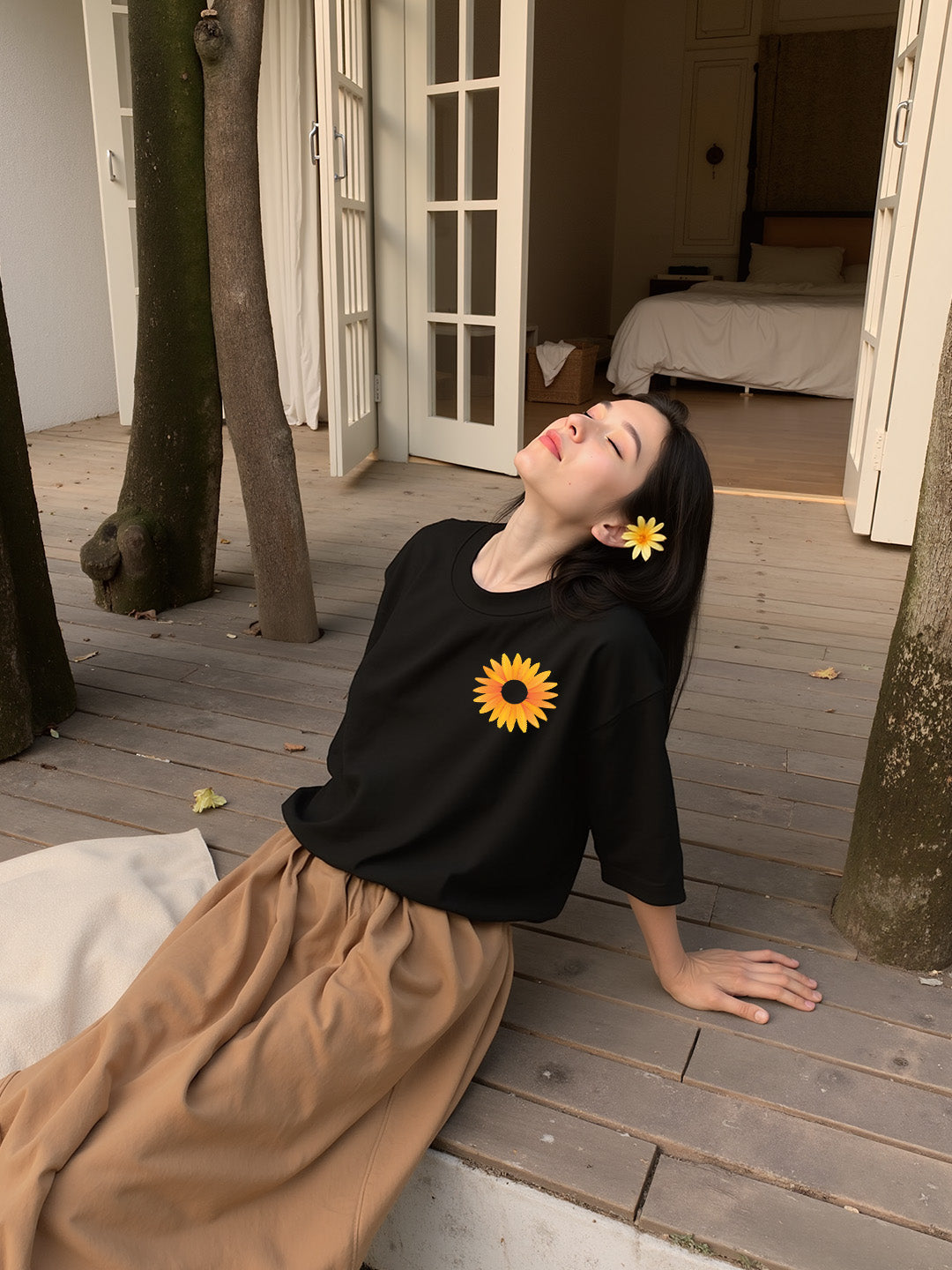 Sunflower Printed Pure Cotton Oversized Black T-shirt