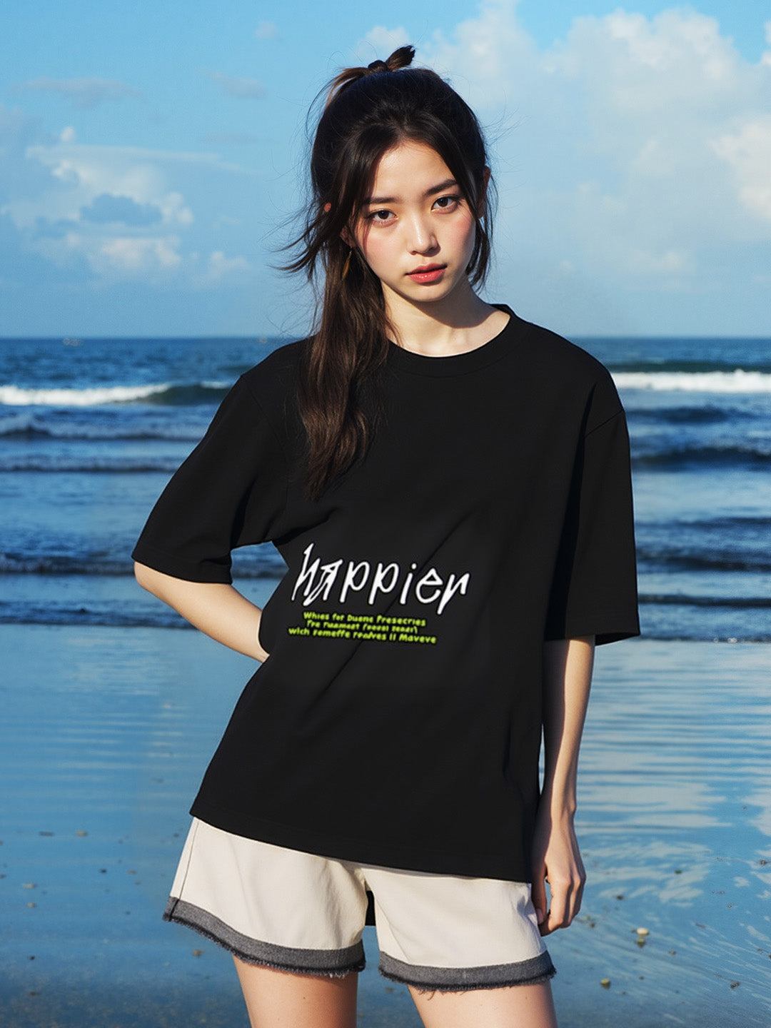 Billie Happier Than Ever Printed Pure Cotton Oversized Black T-shirt
