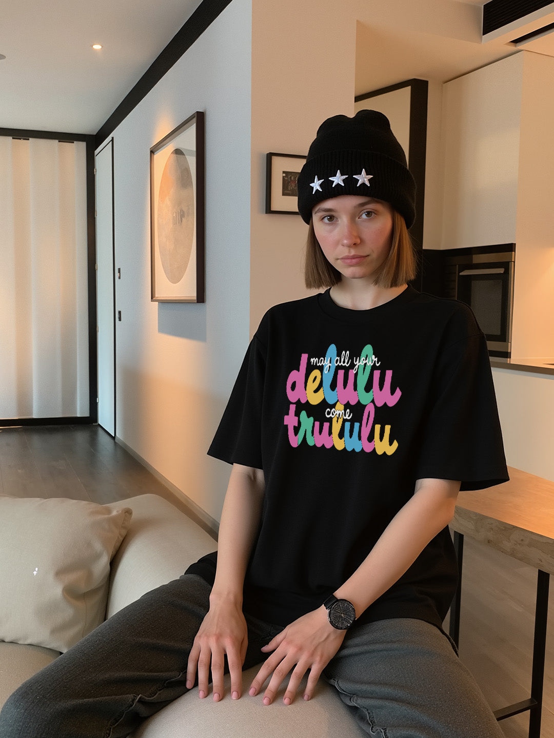 Delulu Come Trululu Printed Pure Cotton Oversized Black T-shirt