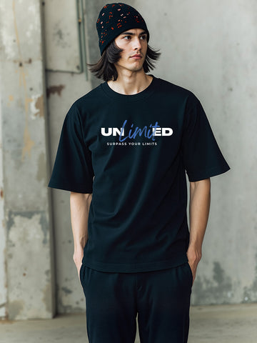 UNLIMITED Typography Printed Pure Cotton Oversized Black T-shirt