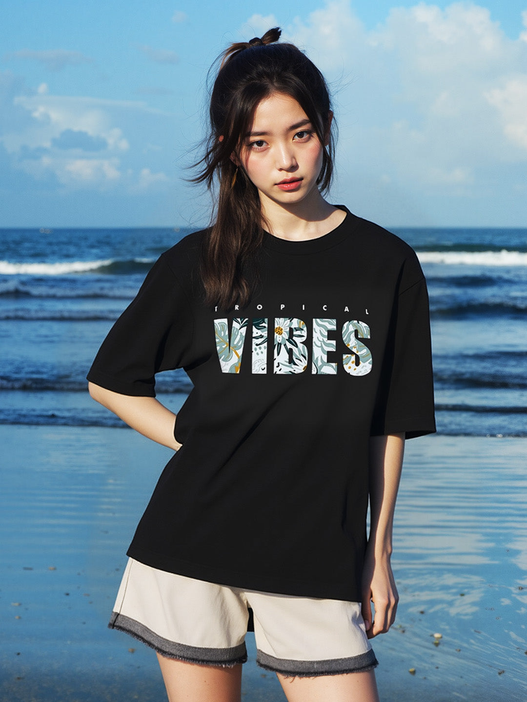 Tropical Vibes Printed Pure Cotton Oversized Black T-shirt
