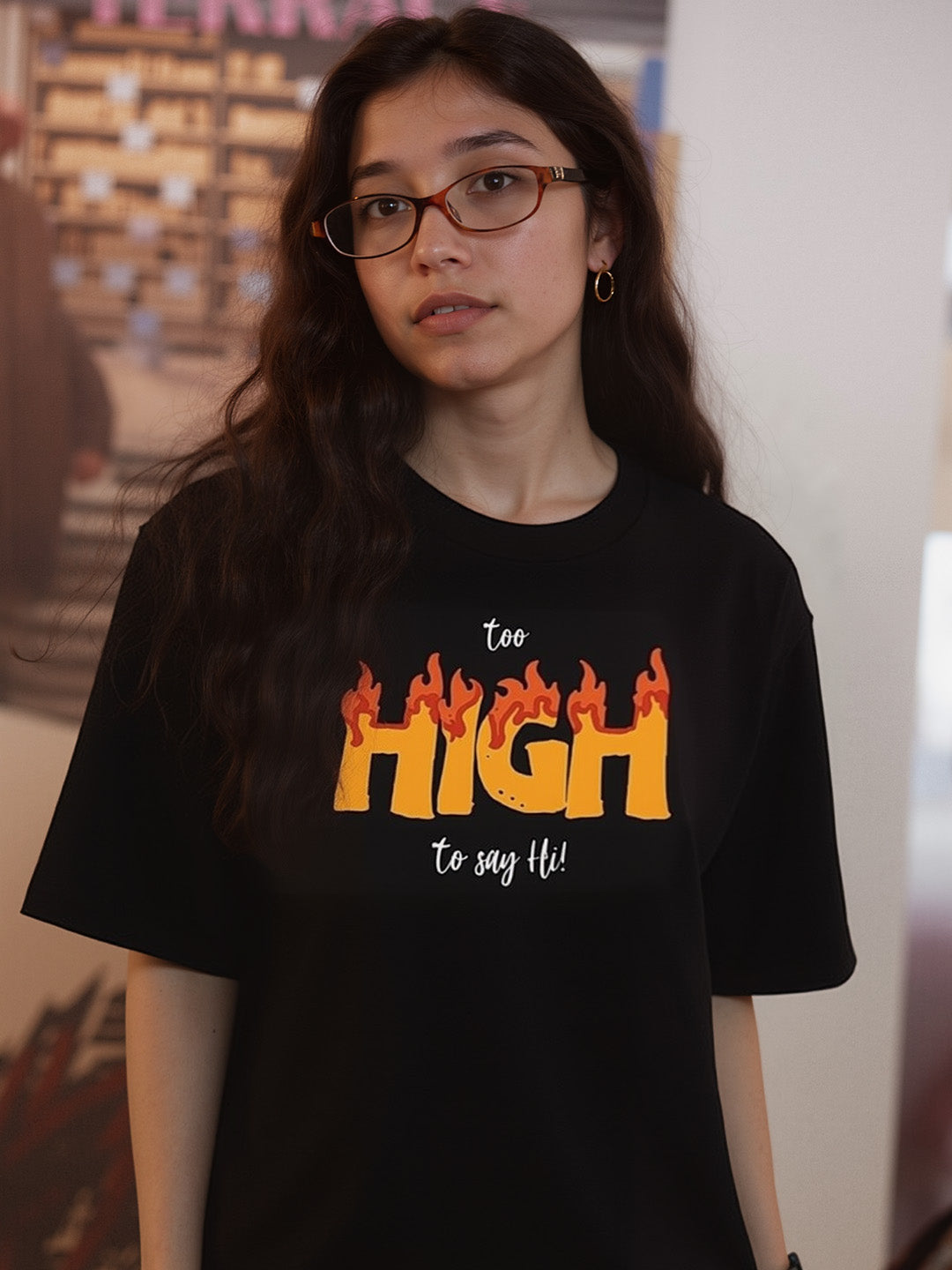 Too High Printed Pure Cotton Oversized Black T-shirt