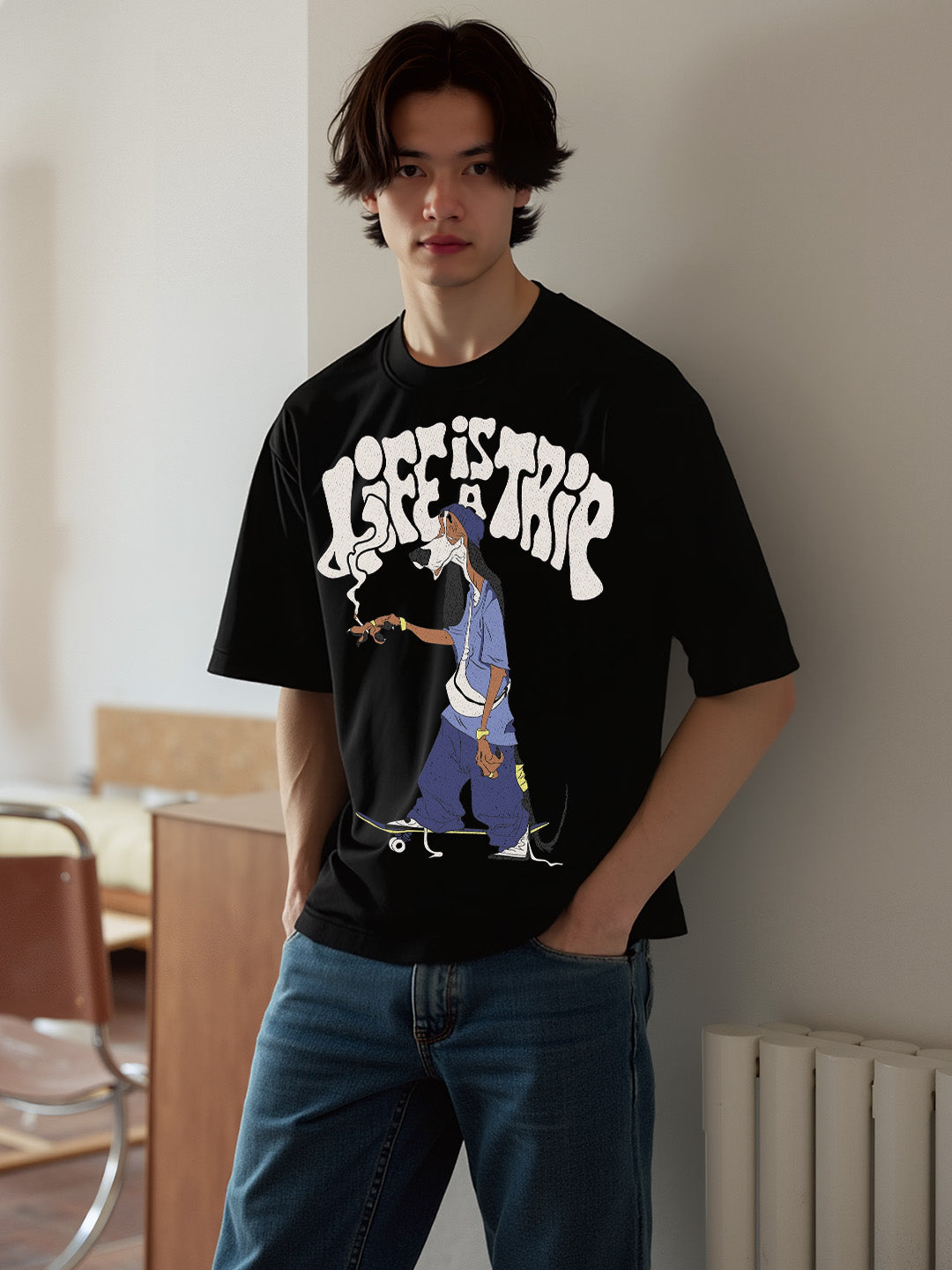 Life is a Trip Printed Pure Cotton Oversized Black T-shirt