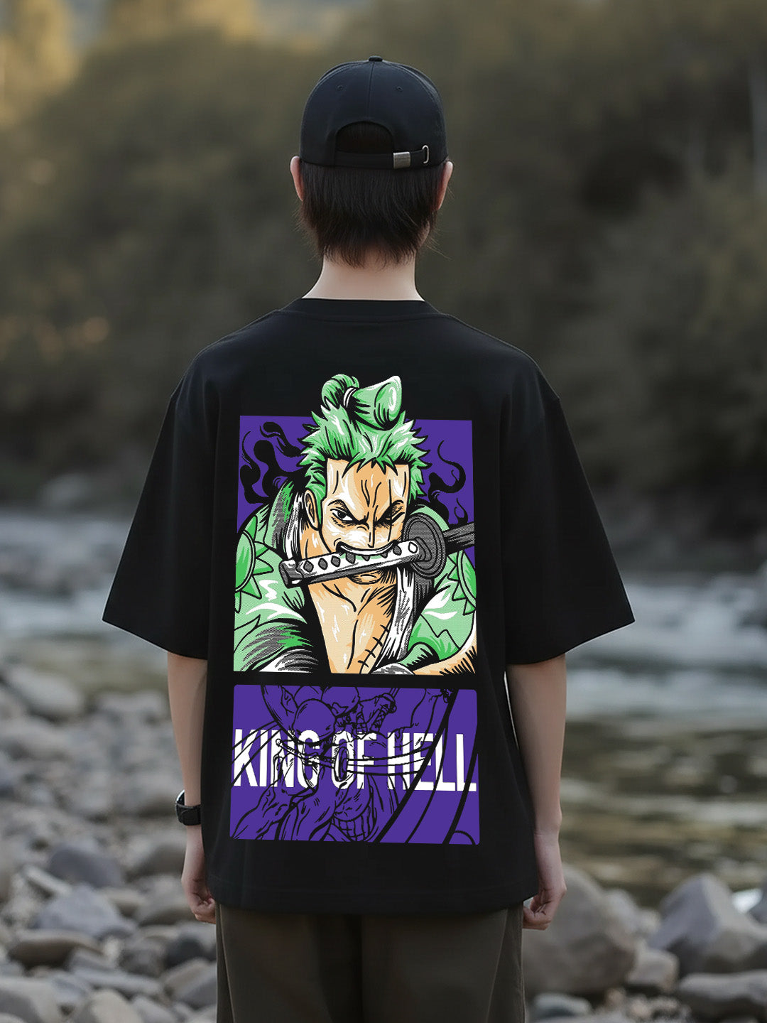 Moss Head - One Piece Graphic Printed Pure Cotton Oversized Black T-shirt