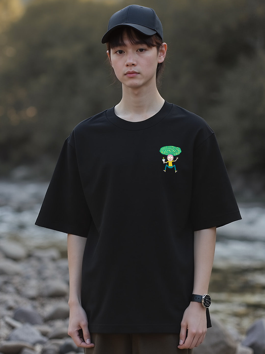 Rick and Morty - The Escape Printed Pure Cotton Oversized Black T-shirt