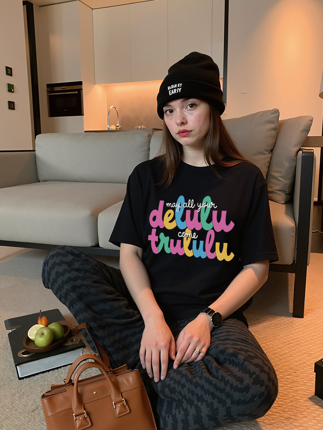Delulu Come Trululu Printed Pure Cotton Oversized Black T-shirt