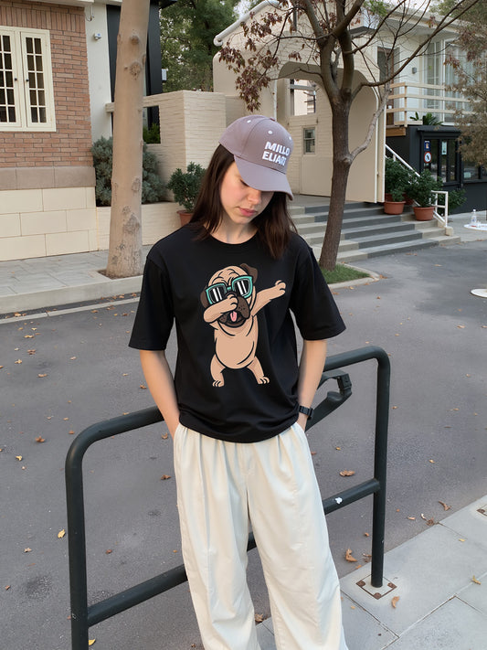 Dabbing Pug Printed Pure Cotton Oversized Black T-shirt