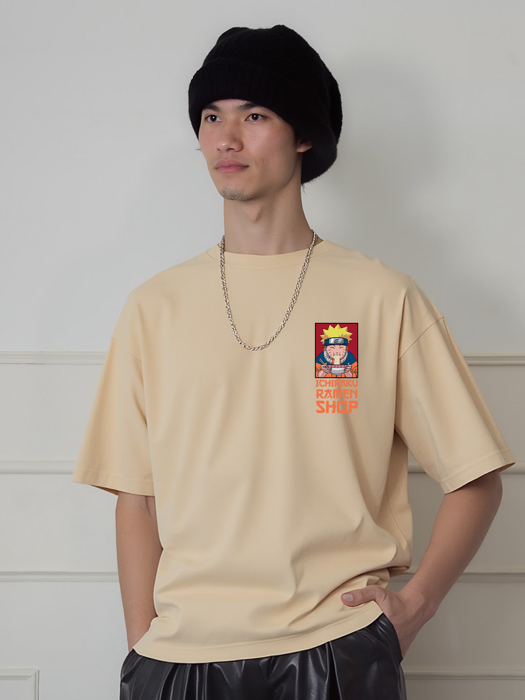 Anime Ramen Lover Graphic Printed Pure Cotton Oversized Beige T-shirt