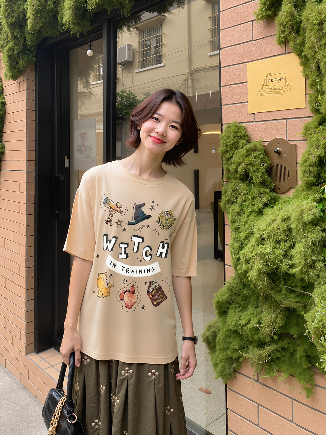 Witch Training Printed Pure Cotton Oversized Beige T-shirt