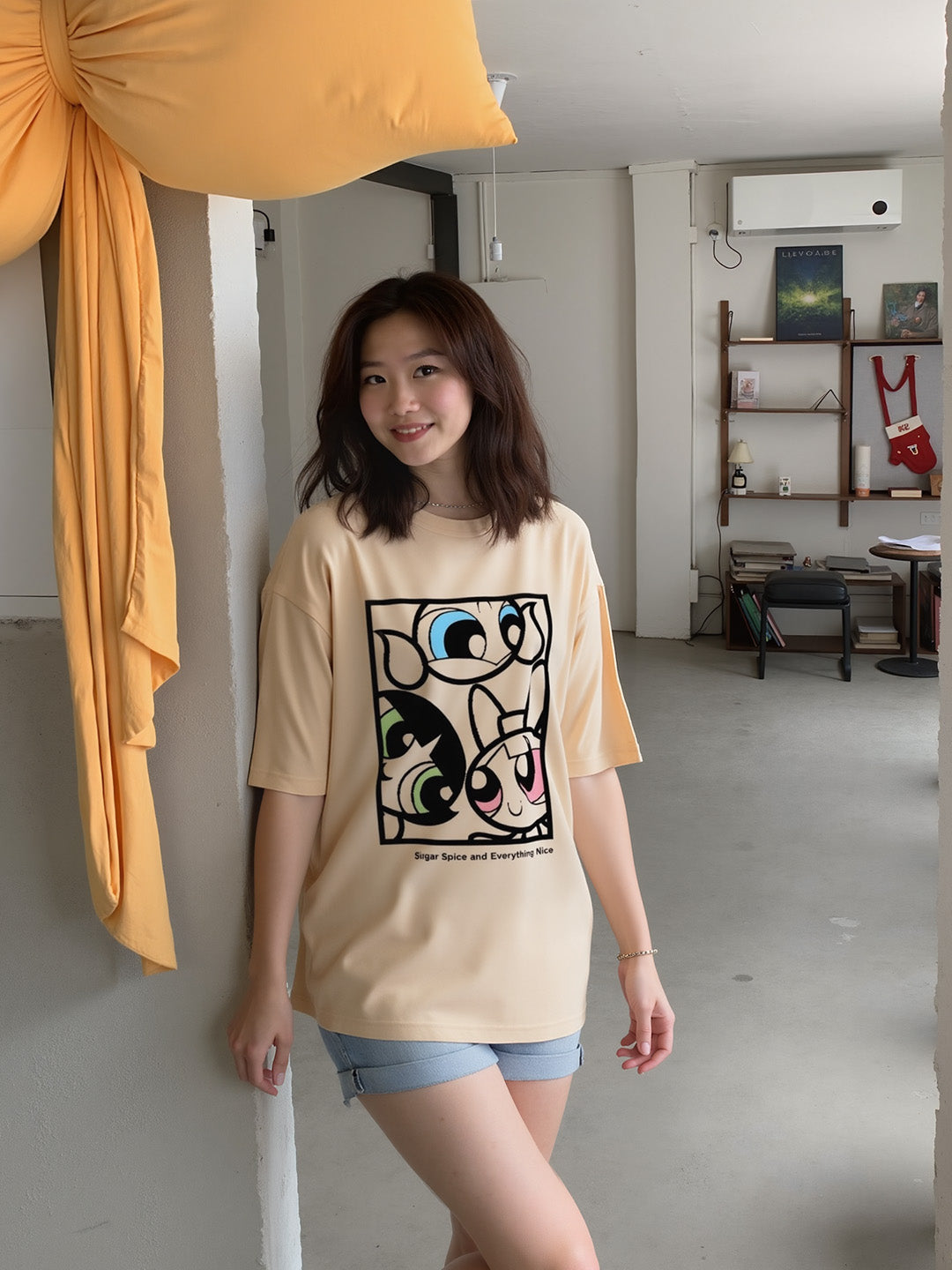 Powerpuff Girls - Sugar and Spice Printed Pure Cotton Oversized Beige T-shirt