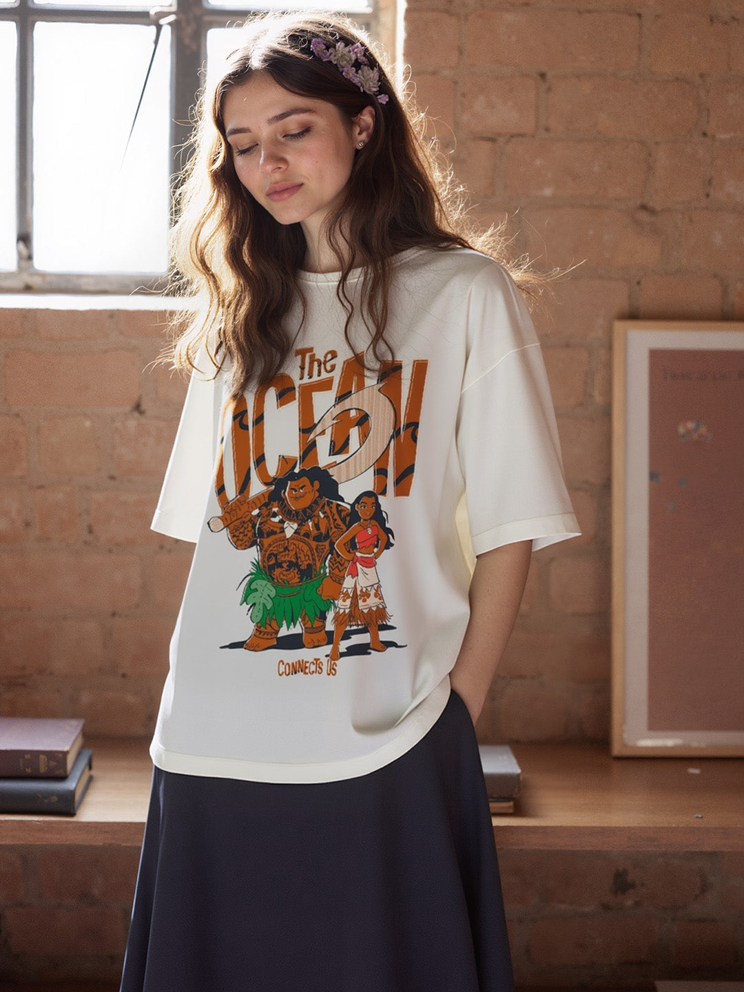 Moana The Ocean Printed Pure Cotton Oversized White T-shirt