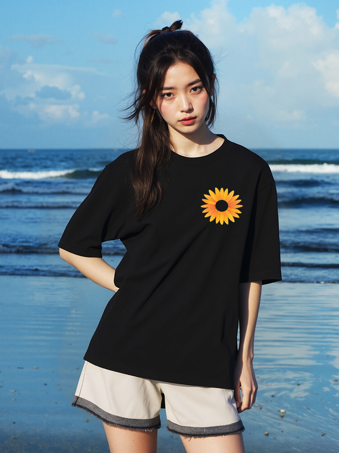 Sunflower Printed Pure Cotton Oversized Black T-shirt