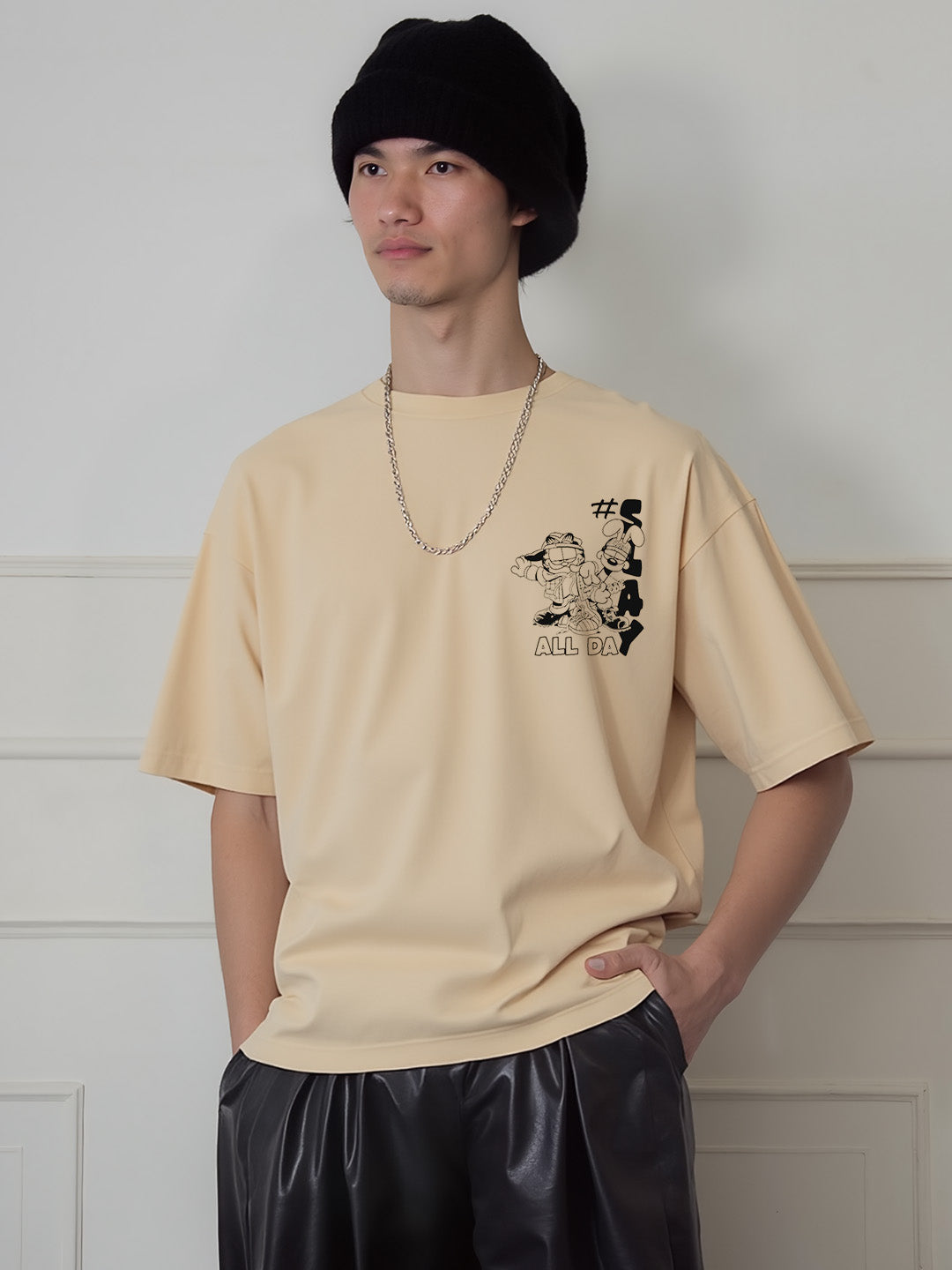 Garfield - Slay Together Printed Pure Cotton Oversized Beige T-shirt
