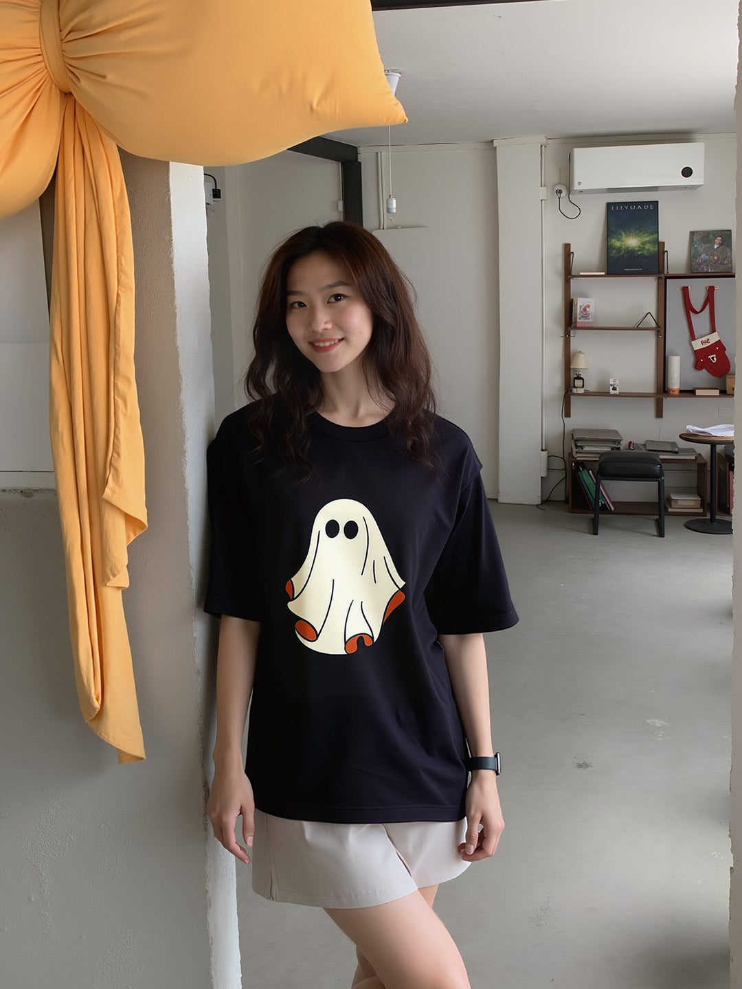 Boo Cute Ghost Printed Pure Cotton Oversized Black T-shirt