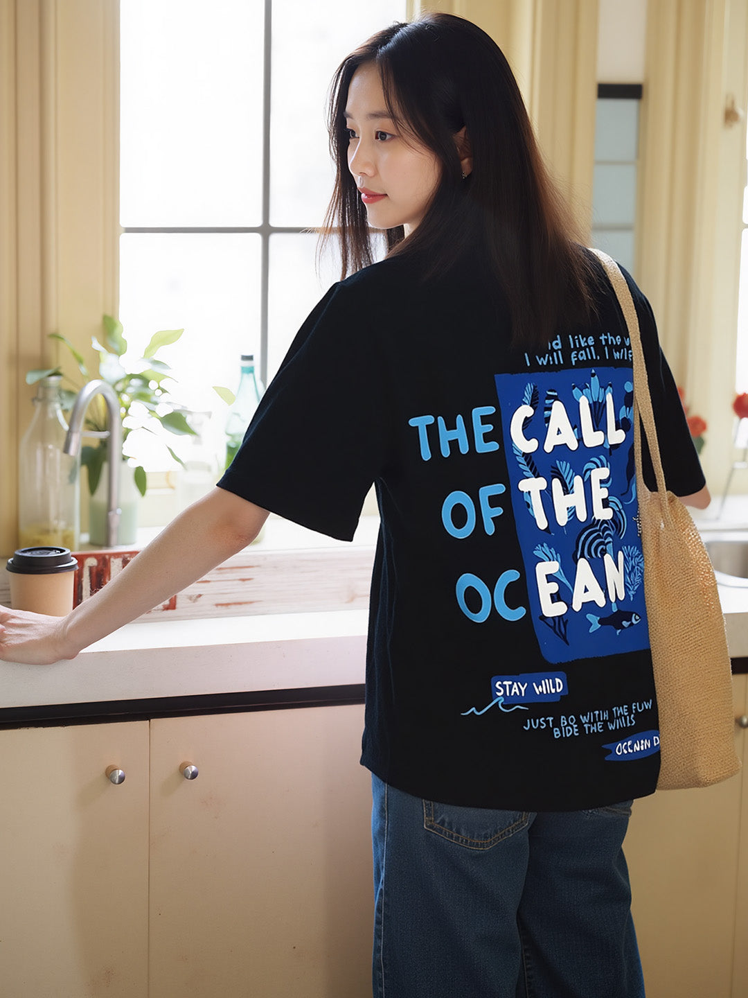 Ocean Child Printed Pure Cotton Oversized Black T-shirt