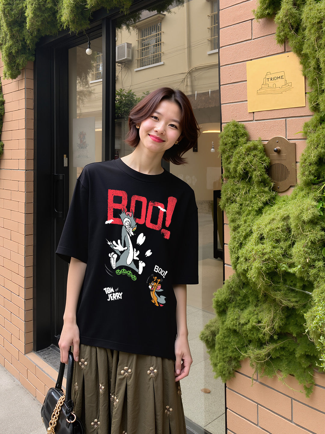 Boo Tom and Jerry Printed Pure Cotton Oversized Black T-shirt